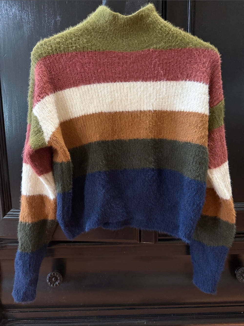 Striped Fuzzy Turtleneck Sweater in Olive, Rust, Cream & Navy